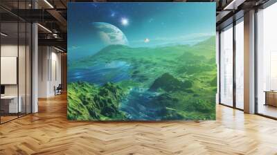 A display featuring a habitable exoplanet with a green and blue landscape and a distant star shining in the sky. Wall mural