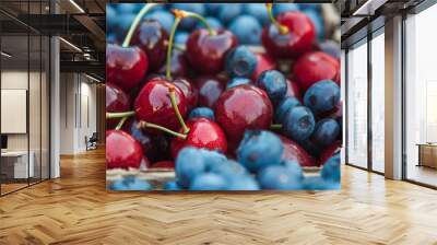 A display of freshly picked organic cherries cherries and blueberries grown without any pesticides. Wall mural