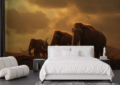 A family of Mammoths bathed in the golden light of a setting sun huddled together for protection from a brewing storm.. AI generation. Generative AI Wall mural