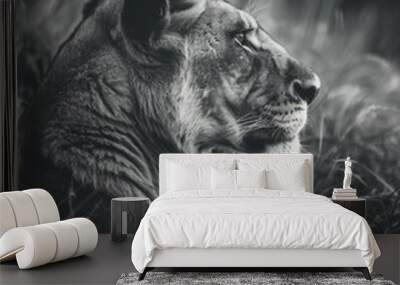 A fierce lioness with a thick wild mane resting in the grass. Black and white art Wall mural