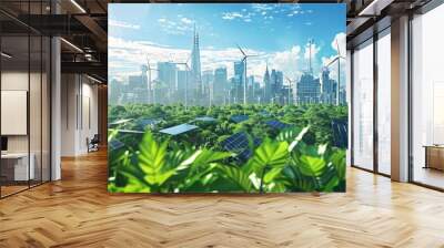 A futuristic cityscape with green energy technologies prominently displayed suggesting the potential for economic growth and sustainable development through international trade in . Wall mural