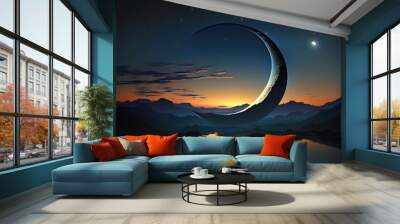 A glowing crescent moon against a deep navy sky showing the promise of a new day. Zodiac Astrology concept. AI generation. Wall mural