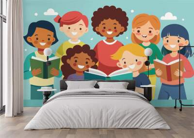 A group of children eagerly sharing their favorite books and series with each other bonding over their love of reading at the Reading Wall mural