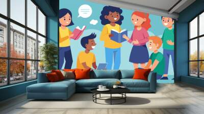 A group of students in a roleplaying game taking turns being the speaker and listener in order to practice reading each others nonverbal cues.. Vector illustration Wall mural