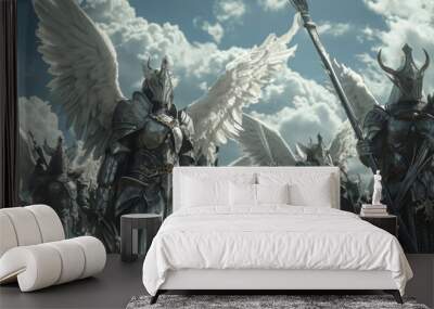 A group of Valkyries fly through a cloudy sky their armor shimmering in the sun and weapons at the ready. Wall mural