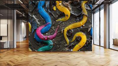 A group of vibrantcolored roundworms feasting on microscopic debris in a mud sample illustrating their role in soil decomposition. Wall mural