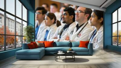 A group of young medical students eagerly listen as a renowned doctor discusses his groundbreaking discovery in the field of neurology. The lifechanging treatment for a rare disease . Wall mural