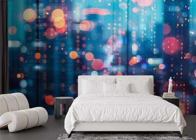 A hazy cityscape and glowing neon signs create a modern and dynamic defocused background for the digital learning platform interface representing the integration of technology into . Wall mural