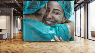 A heartwarming moment between the donor and recipient as they embrace after a successful kidney transplant procedure filled with gratitude and hope for the future. Wall mural