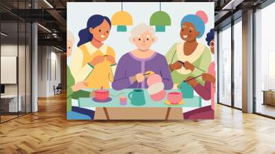 A knitting group gathers at a senior center to create handmade items for local charities fostering a sense of purpose and camaraderie a the participants.. Vector illustration Wall mural