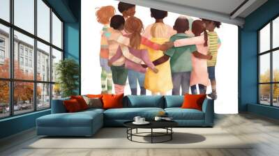 A large oup of children of various ages and races linking their arms to show their solidarity and support for one another.. AI generation. Wall mural