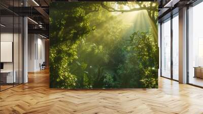 A lush green forest with rays of sunshine peeking through the trees capturing two strikingly clear bright spots adjacent to the sun. Wall mural