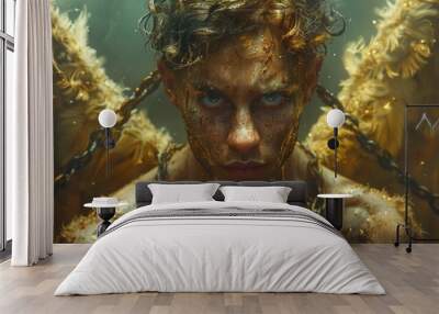 A man with golden wings weighed down by heavy chains as he struggles to break free. Wall mural