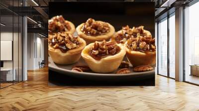 A modern twist on a beloved classic, featuring individual pecan pie bites in a bitesized format. Each mini tartlet showcases a perfectly formed crust holding a generous dollop of pecan filling, Wall mural