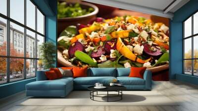 A mouthwatering image capturing the essence of a hearty salad bursting with color and texture, featuring tender baby spinach leaves accompanied by a colorful medley of roasted root vegetables, Wall mural