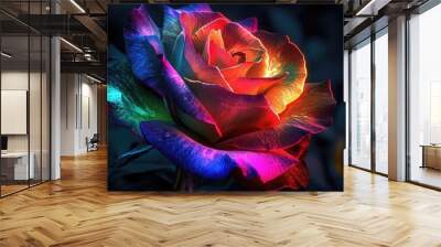 A neon rainbow rose with each petal glowing in a different vibrant color Wall mural