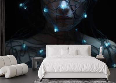 A person with glowing circuitry embedded into their skin connected to a network of computers in a dark room. cyberpunk ar Wall mural