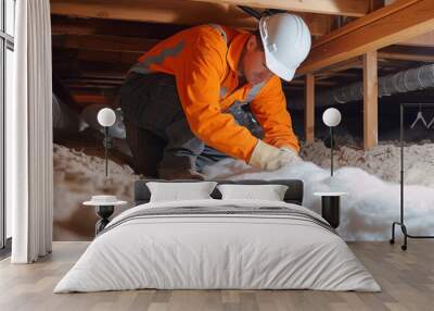 A photo of a technician inspecting existing insulation in a crawl space noting areas that need to be patched or rep for maximum effectiveness. Wall mural