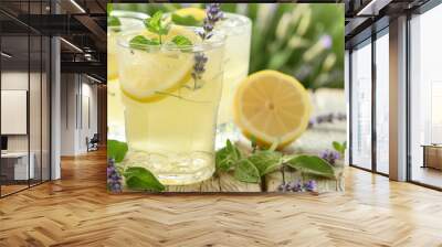 A refreshing lemonade made with freshly squeezed lemons and garnished with sprigs of aromatic herbs such as mint or lavender. Wall mural