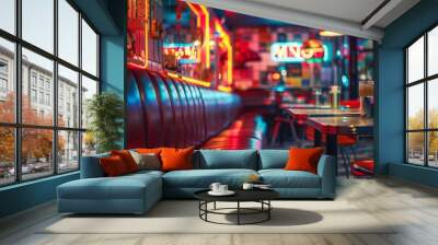 A retrothemed diner filled with vintage neon signs adding a touch of nostalgia and charm to the diners atmosphere. . . Wall mural