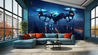 A robotic drone hovering above a futuristic cityscape with a deep blue night sky providing a backdrop. cyberpunk ar Wall mural