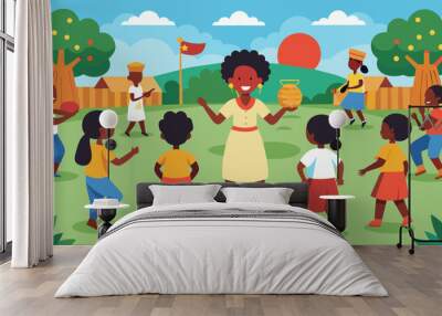 A schoolyard filled with students playing traditional games from African and American cultures while learning about the traditions and origins of. Vector illustration Wall mural