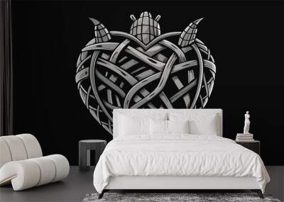 A sculpture of a human heart intricately crafted from metal with snippets of love poems woven into the design capturing the essence of love through. Vector illustration Wall mural