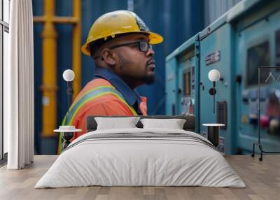 A security guard keeps a watchful eye on the generator making sure everything runs smoothly. Wall mural