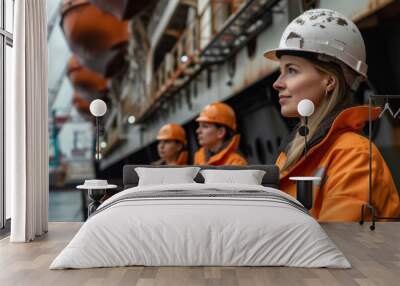 A team of female engineers inspecting the inner workings of a cruise ship breaking stereotypes and promoting gender inclusivity in the maritime industry. Wall mural