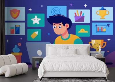 A teenager spends hours scrolling through various online art competitions carefully selecting which ones to participate in based on their interests. Vector illustration Wall mural