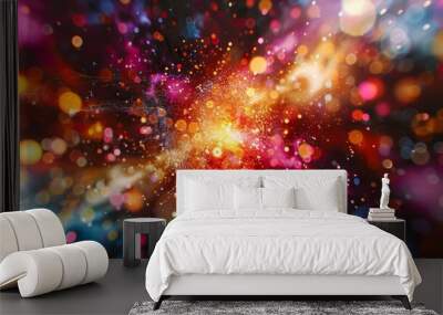 A vibrant and chaotic display of energy depicting the excitement and discovery of unlocking the secrets of the Higgs field. Wall mural