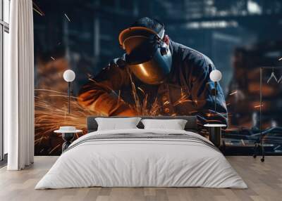 A worker clad in safety gear safely welding pieces of metal together with streams of sparks in the production area. Wall mural