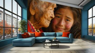 A wrinkled face leans in close to a young girl as the elder whispers ancient remedies passed down through generations. Wall mural