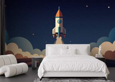 Against the backdrop of a starstudded sky the rocket casts a powerful silhouette as it rises into the unknown. The hushed silence of the scene Wall mural