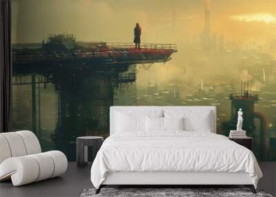 Amidst the industrial madness a lone figure stands atop a massive crane surveying the sprawling metropolis below. Wall mural