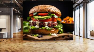 An alluring closeup image featuring a slice of hearty sweet potato and black bean burger, dressed with a smear of avocado crema, crispy lettuce, and a juicy tomato slice, all embraced by Wall mural