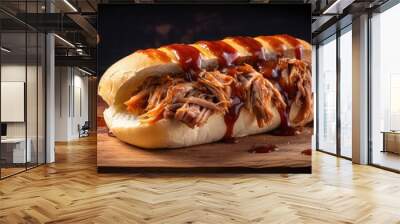 An artfully composed shot of a crusty bread roll, sliced open to reveal tender shreds of slowcooked pulled pork nestled inside, accompanied by a zesty homemade barbeque sauce. Wall mural