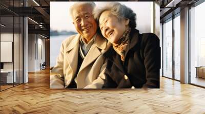 An elderly Chinese couple laugh and hold hands aboard a ferry boat. The afternoon sunlight sparkles off the gently rolling waves and a sense of peace and joy washes over the scene. Wall mural