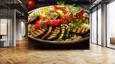 An enticing closeup of a bowl filled with a vibrant assortment of grilled vegetables, including charred red peppers, zucchini, and eggplant, artfully arranged over a mound of fluffy quinoa, Wall mural