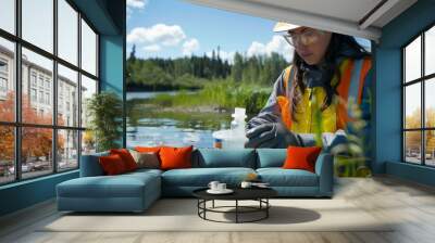 An environmental scientist studies water samples from nearby rivers and lakes to assess the impact of oil sands extraction. Wall mural