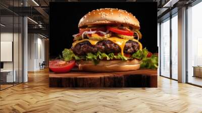 An overhead shot captures a succulent, grassfed burger topped with melted cheese, fresh lettuce, and ripe tomatoes nestled between two toasted buns. The rich, meaty patty is perfectly cooked, Wall mural