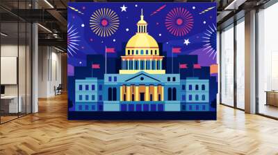 As the evening settles the Capitol Building is engulfed in a colorful frenzy of fireworks that light up the horizon.. Vector illustration Wall mural