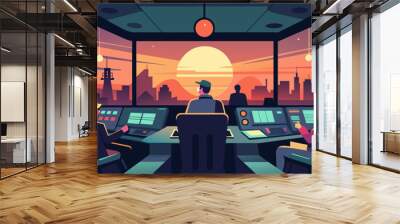 As the sun sets outside the control room becomes a co of artificial light a tireless hub of activity as the operators work around the clock to keep. Vector illustration Wall mural