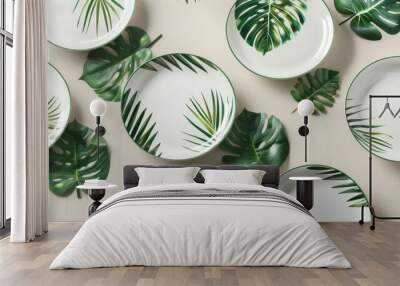 Blank mockup of a set of plates with a tropical leaf print. . Wall mural