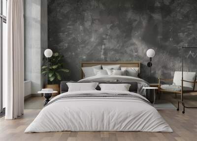 Blank mockup of a sophisticated textured wallpaper in shades of grey adding depth and sophistication to a modern and minimalist bedroom. Wall mural