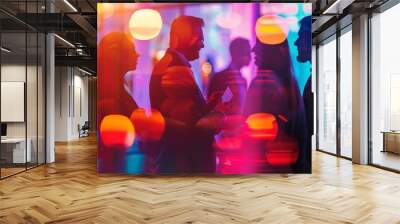 Blurred lights and vibrant colors create a dynamic backdrop for a group of tech professionals exchanging business cards and brainstorming ideas at a networking event. . Wall mural