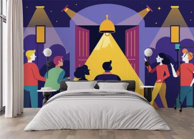 Bright lights shine on the rumor mill attracting curious onlookers who cant resist the temptation of getting swept up in the latest buzz.. Wall mural