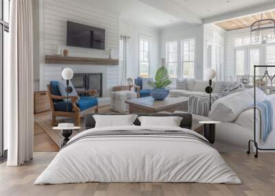 Bright pops of blue and natural wood accents bring the coastal farmhouse theme to life in this beautiful beachside home. Wall mural