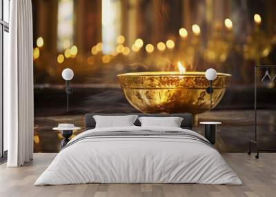 Captivating image of a golden bowl filled with holy water, reflecting the ethereal glow of candles and the ornate interior of a church. Wall mural