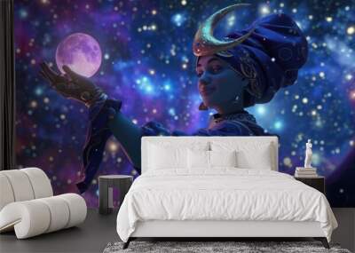 Cartoon digital avatar of the Astrologer A mystical figure with a crescent moon headdress, floating in a galaxy filled with stars. Their hand is outstretched, offering a crystal ball to Wall mural